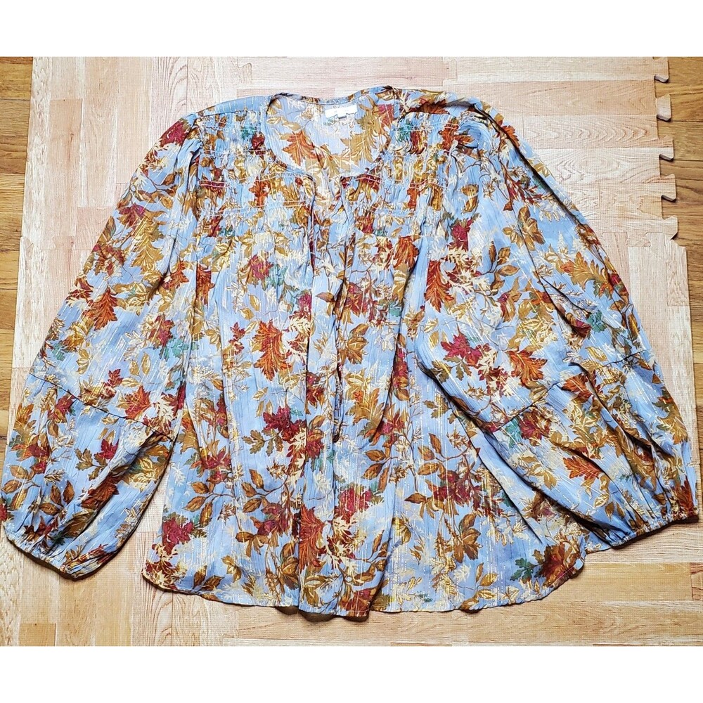 Maurices Womens Metallic Floral Sheer Blouson Sleeve Top Size 3X